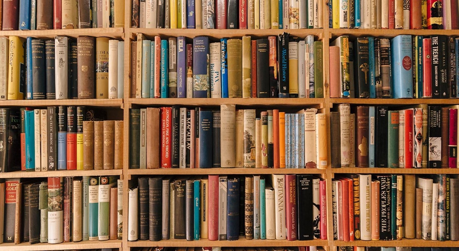 basic wood shelves full of old books