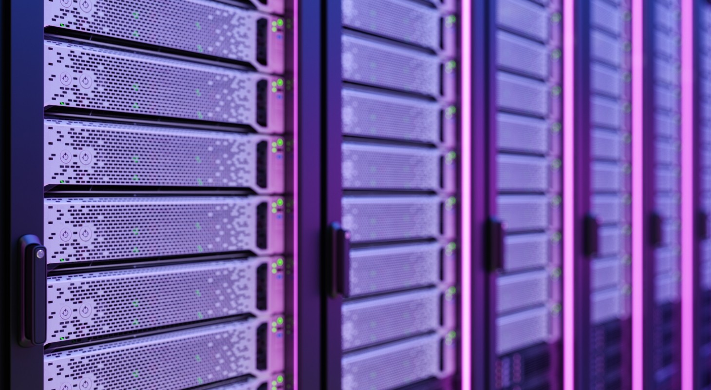 close-up of server room with purple lights