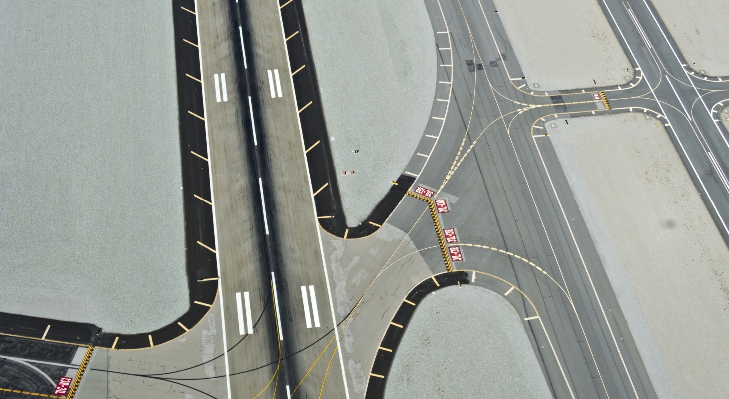 overhead view of airport runways