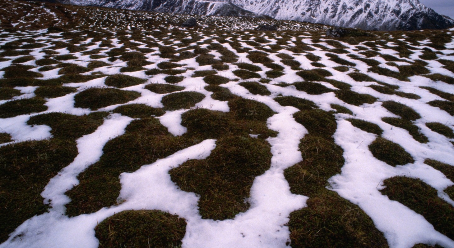 melting snow in mountain range with purple sky