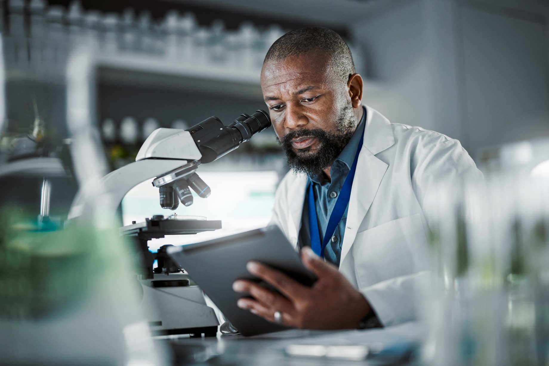 african american male scientist or researcher in lab