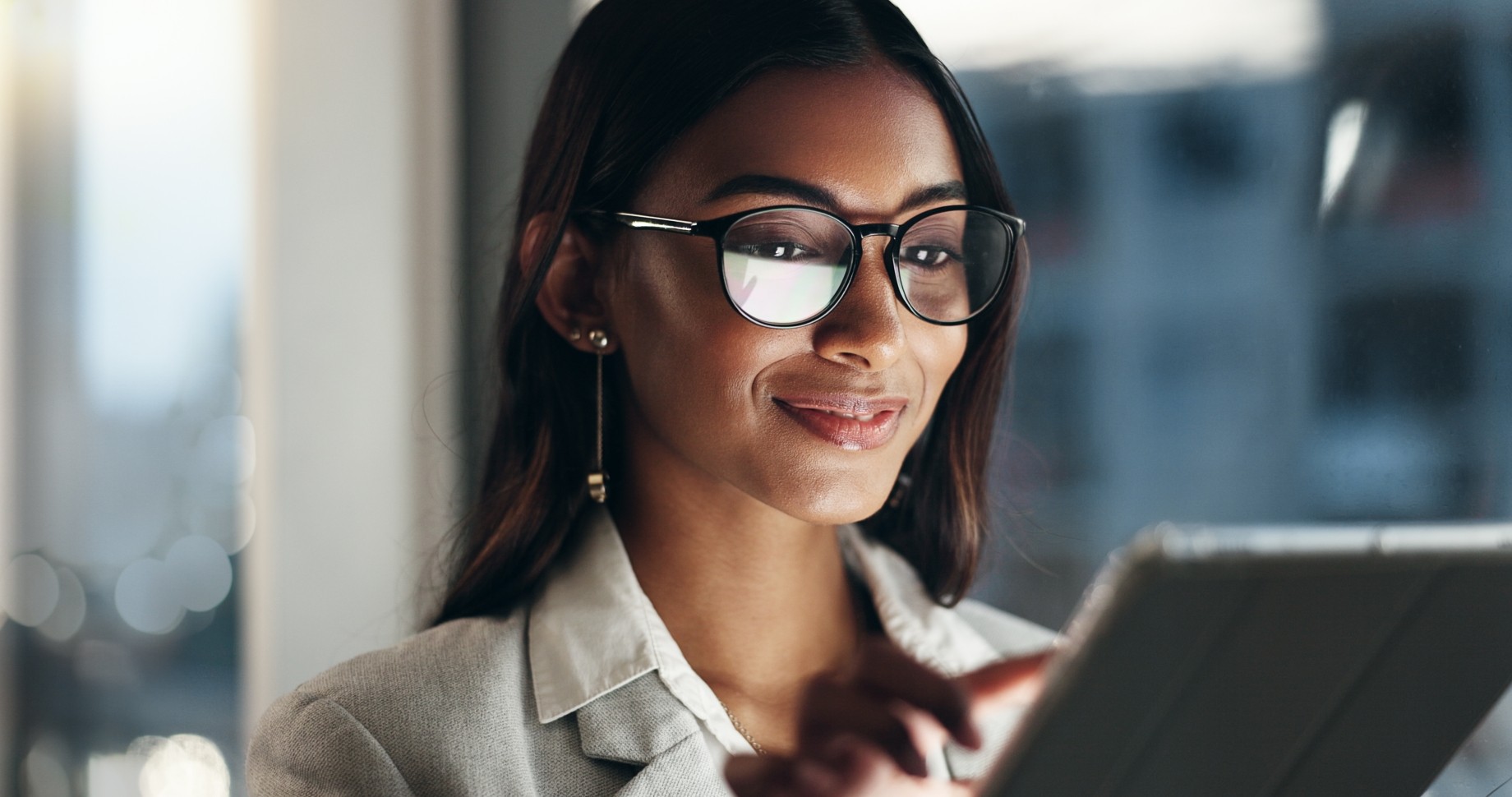 vision smile and businesswoman typing email late at night