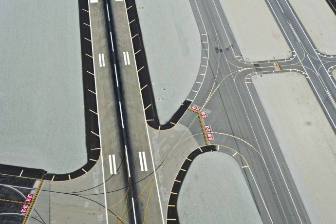 overhead view of airport runways