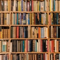 basic wood shelves full of old books